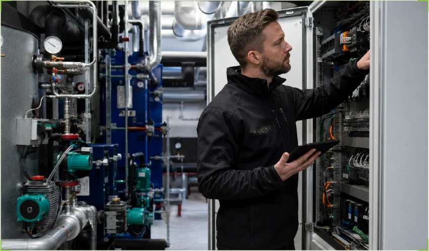 Ein TGA-Ingenieur überprüft mit einem Tablet die Steuerungstechnik und Schaltanlagen der Gebäudeautomation (KG 480).