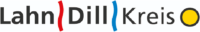 Offizielles Logo des Lahn-Dill-Kreises mit rotem und blauem geschwungenem Strich und gelbem Kreis.