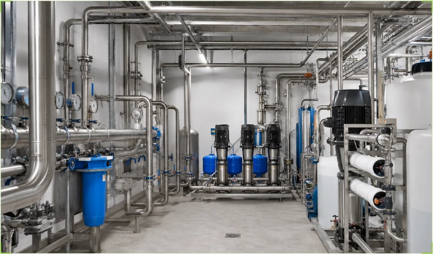 Wasseraufbereitungsanlage mit Rohrleitungssystemen aus Edelstahl, Druckanzeigen und blauen Filtereinheiten für die Sanitärtechnik.