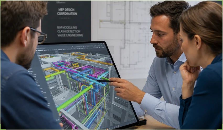 Drei Ingenieure betrachten am Bildschirm ein farbiges 3D-BIM-Modell zur Kollisionsprüfung und TGA-Fachplanung (MEP Design).