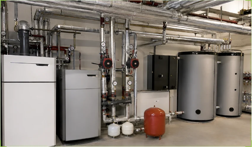 Heizungsraum mit modernen Pufferspeichern, isolierten Rohrleitungen und Pumpengruppen für eine effiziente Wärmeversorgung.